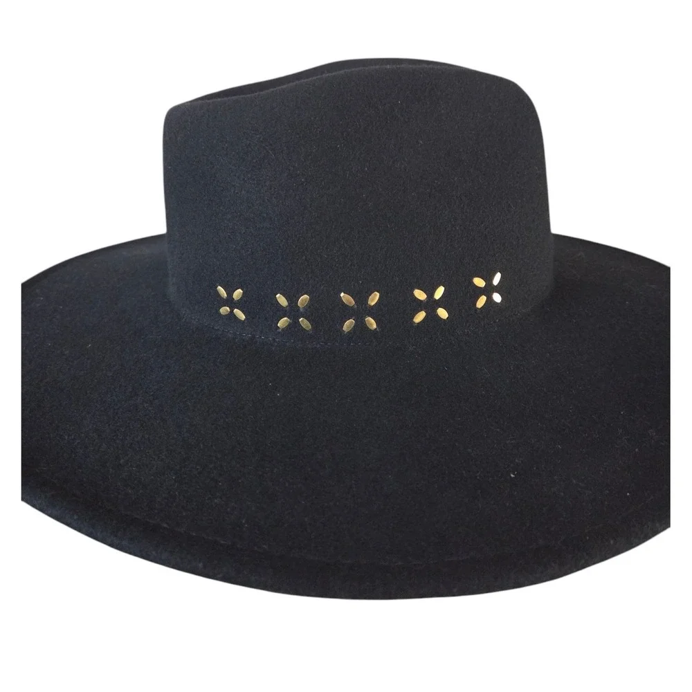 Universal Thread Co. Black Wide Brim Wool Fedora Hat‎ Brass Accents UNISEX